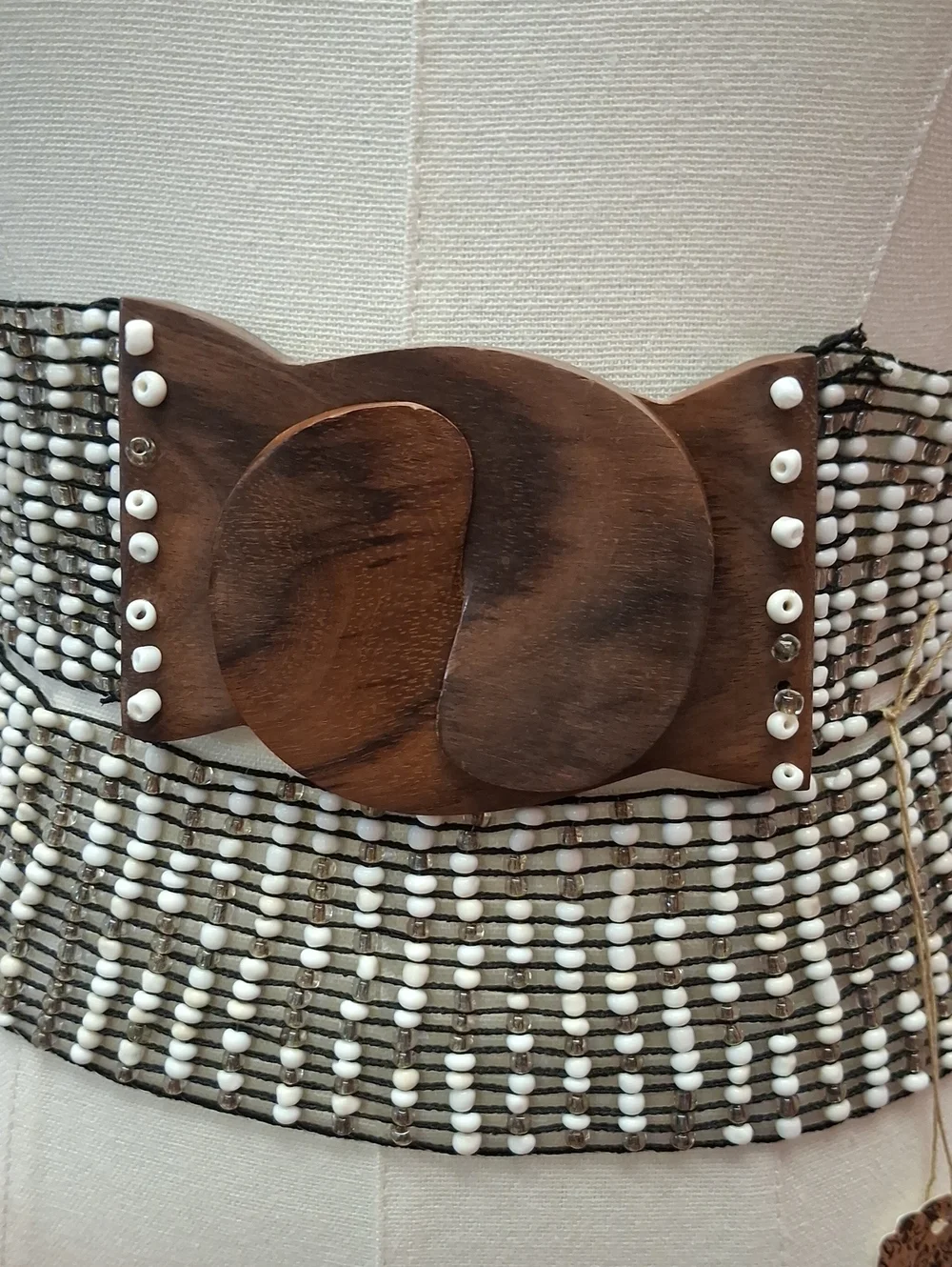 Beaded Elastic Wide Waist Belt Wood Buckle Gray White Y2K One Size